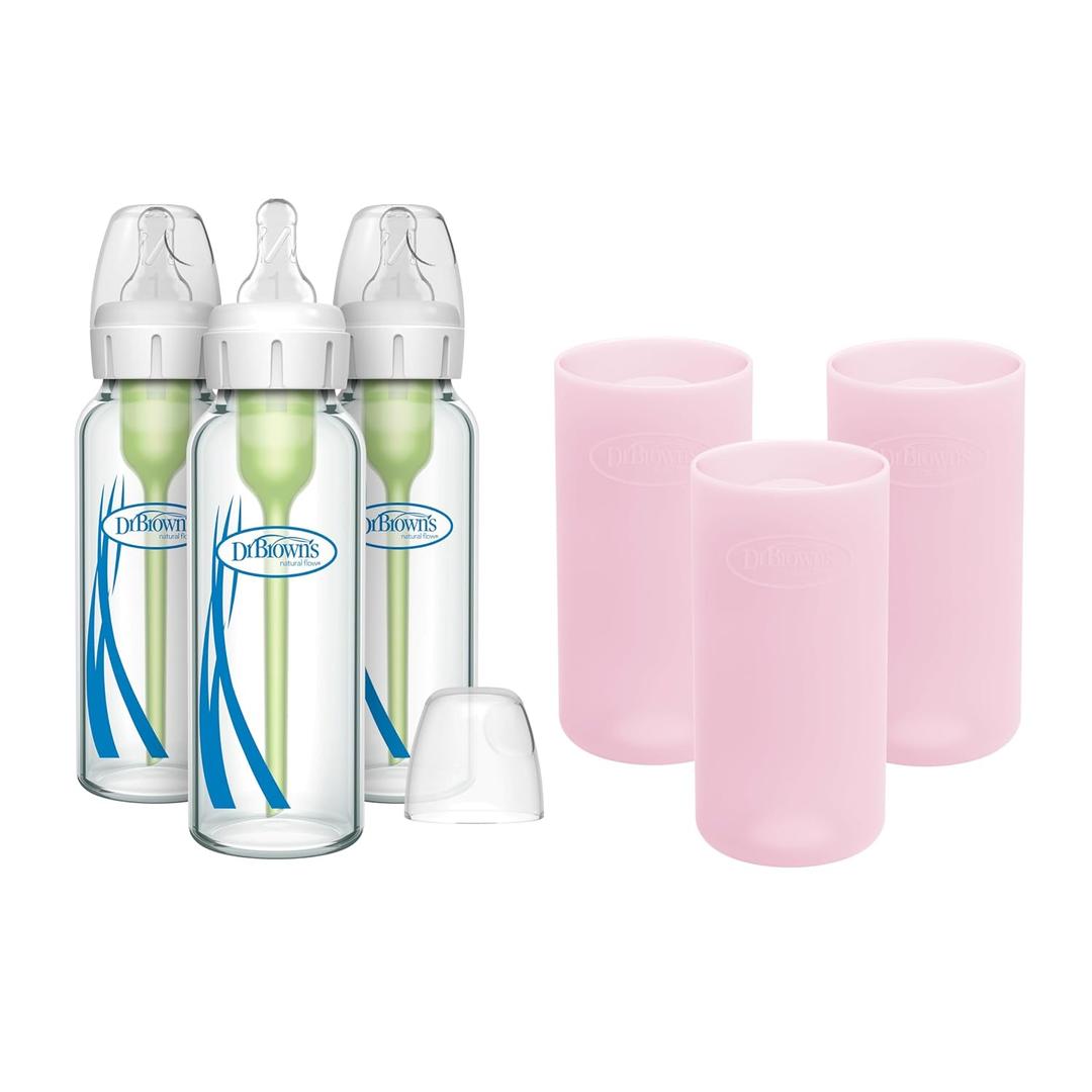 Dr. Brown's Anti-Colic Options+ Narrow Glass Baby Bottles 8 oz/250 mL, with Level 1 Slow Flow Nipple, 3 Pack 0m+ with Pink 100% Silicone Sleeves, BPA-Free
