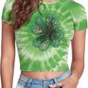 Shamrock St Patricks Day Shirt Women Green Tie Dye Cropped Tops, Irish Shamrock Clover St. Patricks Day Baby Tee for Womens Funny Tee Top, Large