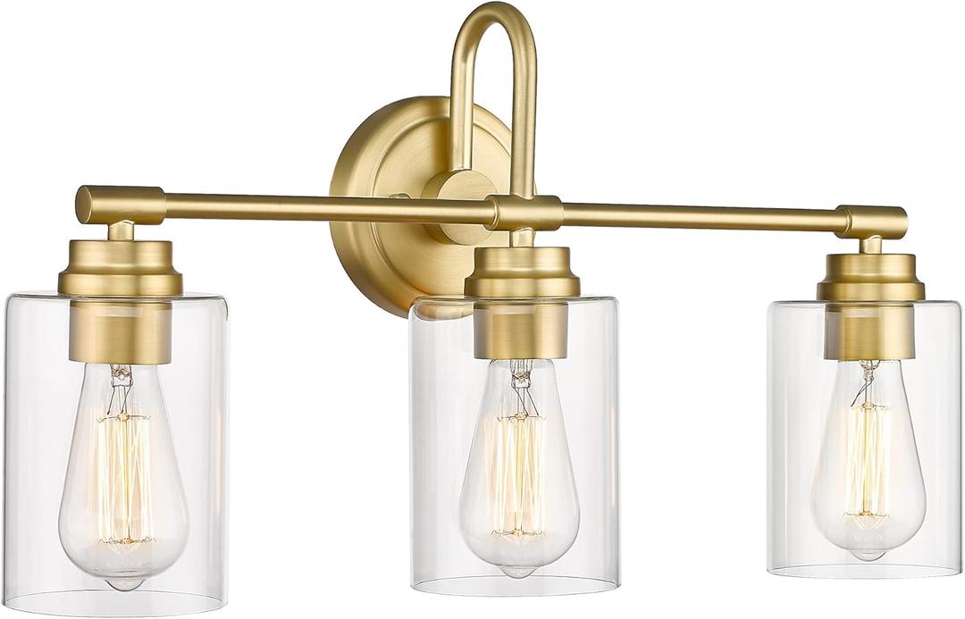 Gold Bathroom Light Fixtures, 3-Light Vanity Light Over Mirror Lighting with Cylinder Glass Shade, KW-7306-3