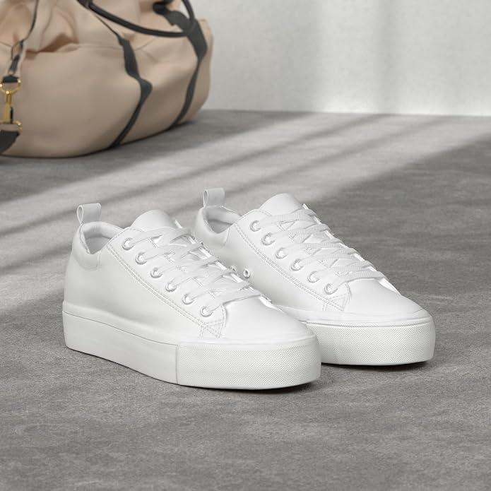 Sernial White Platform Sneakers for Women,PU Leather Platform Shoes,Walking Shoes for Women 8