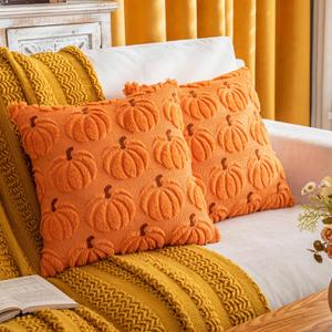 Pumpkin Fall Decorative Throw Pillow Covers 18"x18", Set of 2 Orange Brown Soft Faux Fur Pillow Covers for Autumn Harvest, Fluffy Plush Accent Pillow Cases for Farmhouse Halloween Decor