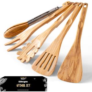 Olive Wood Cooking Utensils Set, 5 PCS Wooden Spoons for Cooking Includes Stainless/Wood Tong, Natural Non-Stick Wooden Utensils Set with Innovative Finger Groove & Non-Slip Notch Design