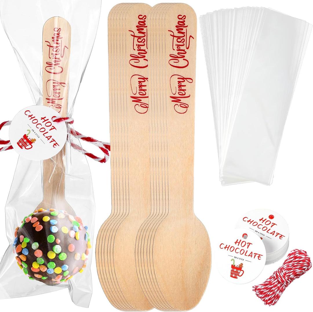 100 Set Christmas Wooden Spoons Hot Cocoa Chocolate Marshmallow Bar Stirring Spoons Chocolate with Tag Bag Rope Gift for Cake Candy Baking(Merry Xmas,Trendy)