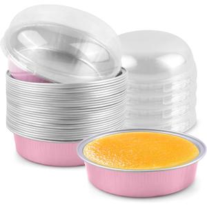 Tikxlafe 25 Pack Disposable 4 Inch Mini Pie Tins with Lids 8 Oz Golden Aluminum Pie Pan Tins for Baking Tarts, Cakes, and Quiche Ideal for Parties and Weddings-pink