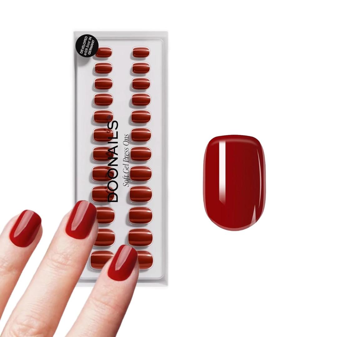 DOONAILS Soft Gel Press On Nails - 30 Pcs Kit with Stickers in 15 Sizes Red, Extra Short Square Reusable Glue On Fake Nails, Salon-Quality Finish, Vegan & Cruelty-Free, Uas Postizas