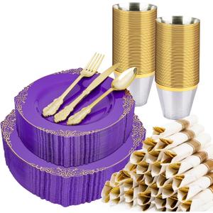 Realluck 350 PCS Purple and Gold Plastic Plates, Plastic Dinnerware Set for 50 Guests, 100 Disposable Plates, 150 Silverwares, 50 Cups, 50 Napkins for Party, Wedding, Graduation