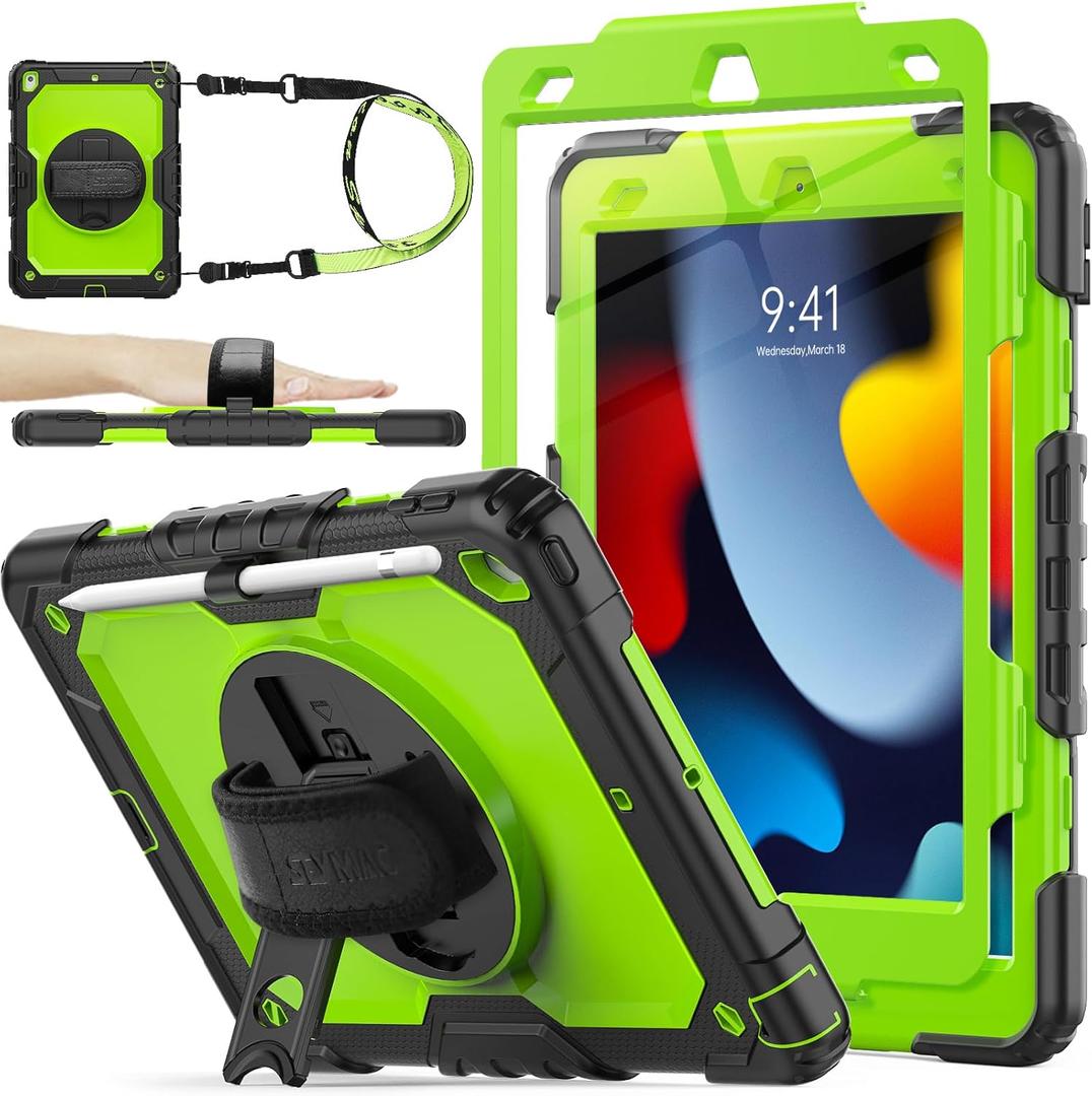 SEYMAC stock Case for iPad 9th/ 8th/ 7th Generation 10.2'', Shockproof with Screen Protector, Pencil Holder [360 Rotating Hand Strap] & Stand, for iPad 10.2 inch 2021-2019 (Green+Black)
