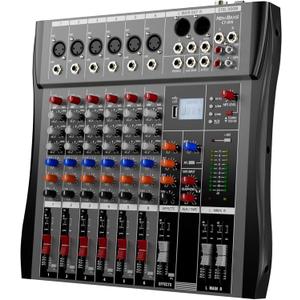 Professional DJ Audio Mixer - NEW BAXS 6 Channel DJ Bluetooth Controller Sound Mixer, USB Interface, 6 XLR Mic/ Line Input, AUX, FX Processor MP3 Player, +48V Phantom For Karaoke Studio Streaming Recording