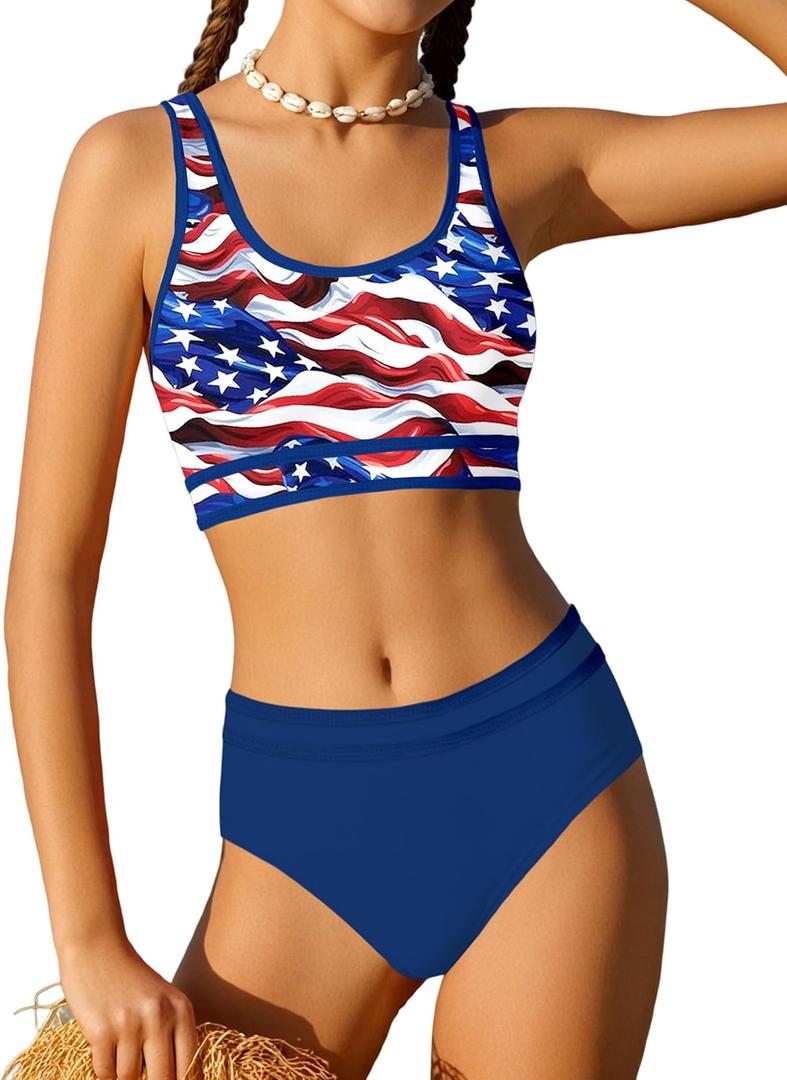 Girls Swimsuit Double Strap High Waist Sporty Bikini Swimsuits Swim Cover Up Skirt 3 Piece Set (9-10 Years, Red+blue 4th of July)