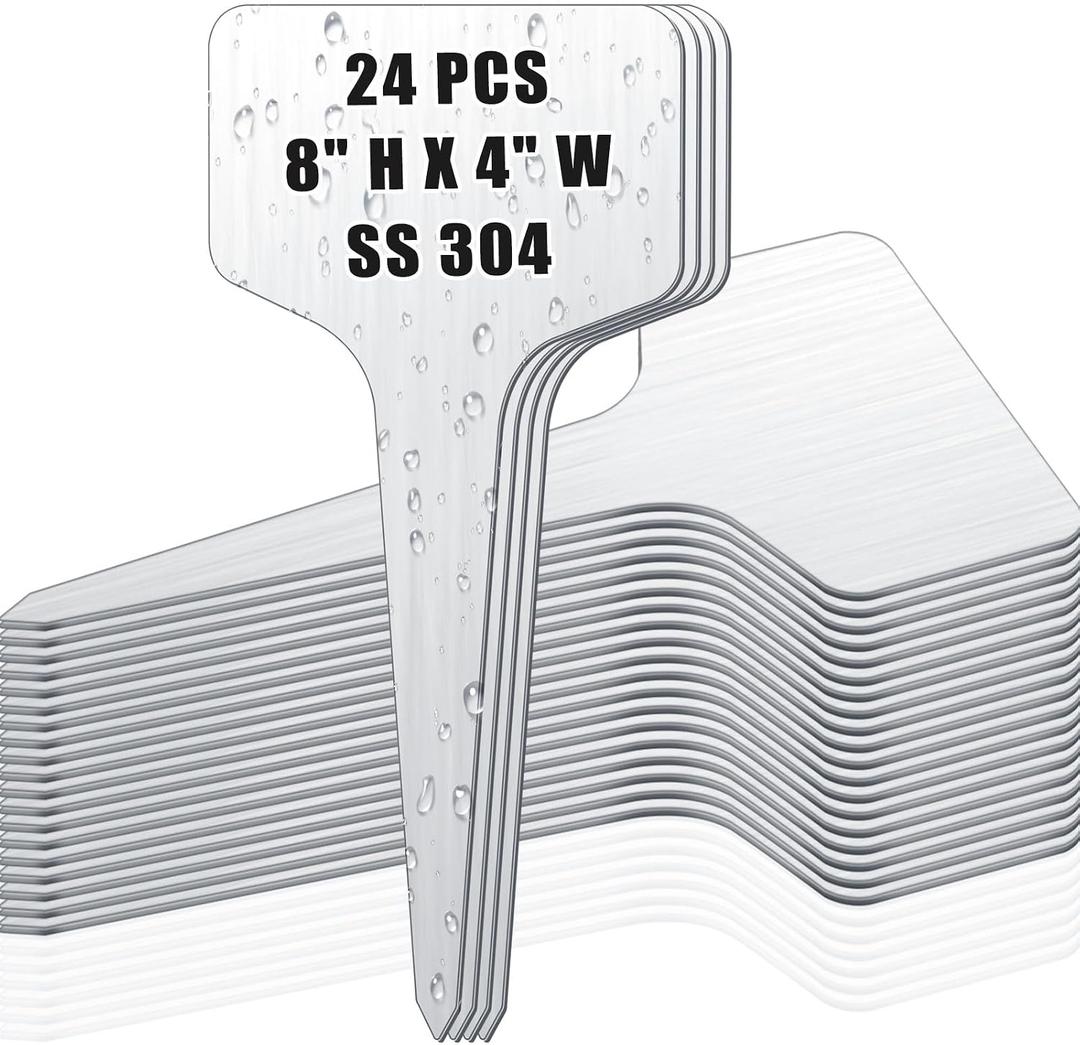 Hicarer 24 Pcs Medium Size Metal Plant Labels Weatherproof Garden Markers 8" x 4" Engraving Stainless Steel 304 T-Type Plant Tags Reusable Nursery Tags for Outdoor Garden Greenhouse Vegetables Flower