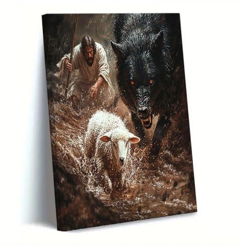 Jesus Saves the Lamb canvas wall art Jesus Running Towards The Wolf And The Lamb Painting Picture Wall Decor Christian Poster Print Artwork for Church Office Living Room Ready Home Decoration. Size: 16"L x 12"W