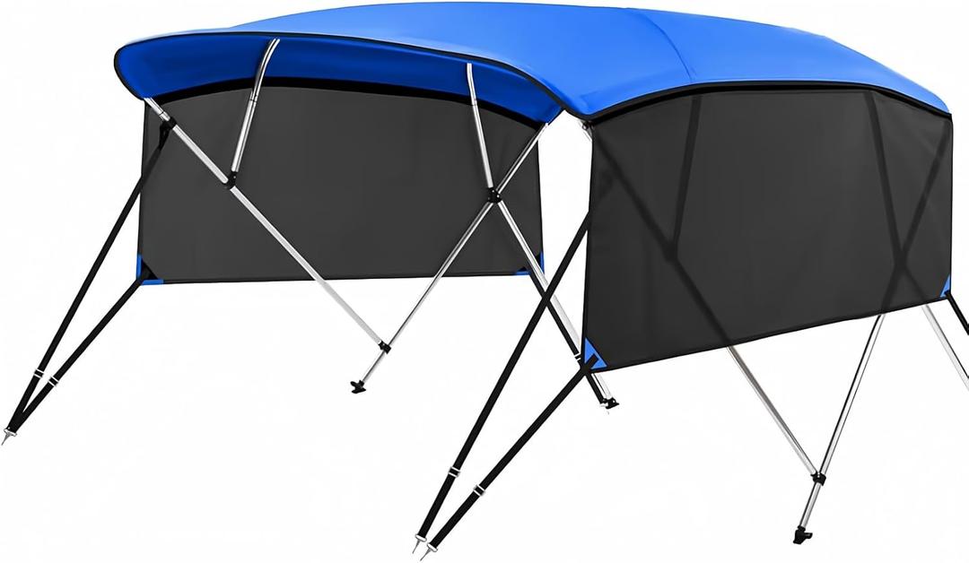 KAKIT 3 4 Bow Bimini Tops with Mesh Sidewalls Support Poles for Boats Marine Grade Canvas Top Includes 2 Straps Storage Boot 1 Inch Aluminum Frame (Blue)