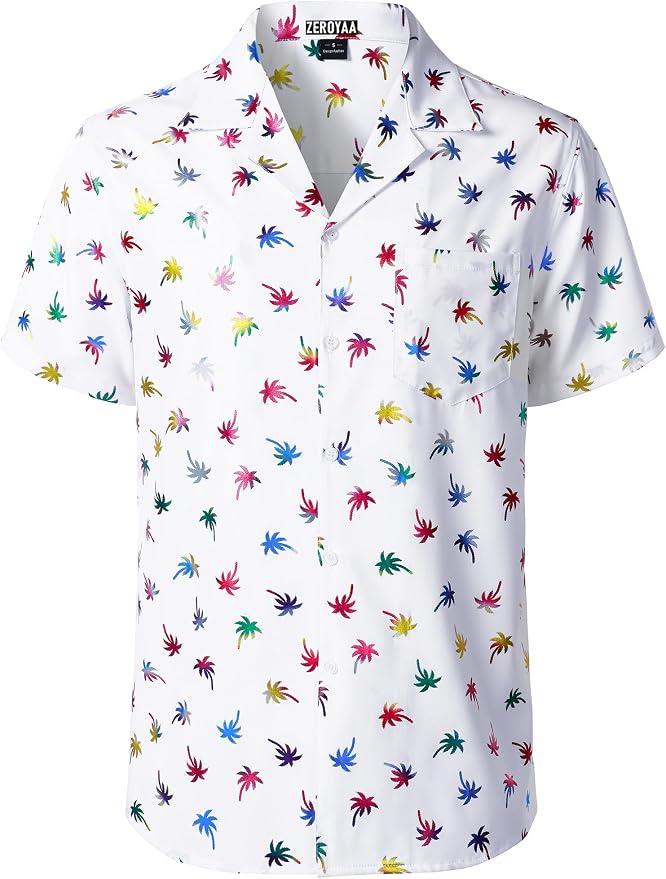 ZEROYAA Men Stylish Print Cuban Shirt Short Sleeve Button Down Relaxed Fit Shirts Beach Hawaiian Vacation Tops 2XL