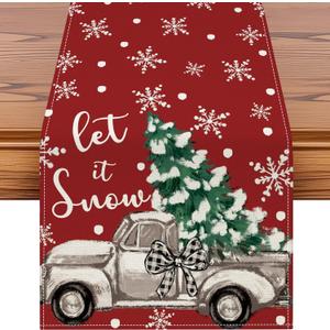 OTOSTAR Truck Christmas Tree Let It Snow Christmas Table Runner, Xmas Seasonal Winter Holiday Kitchen Dining Table Decoration for Home Party Decor 13x72 Inch (Red)