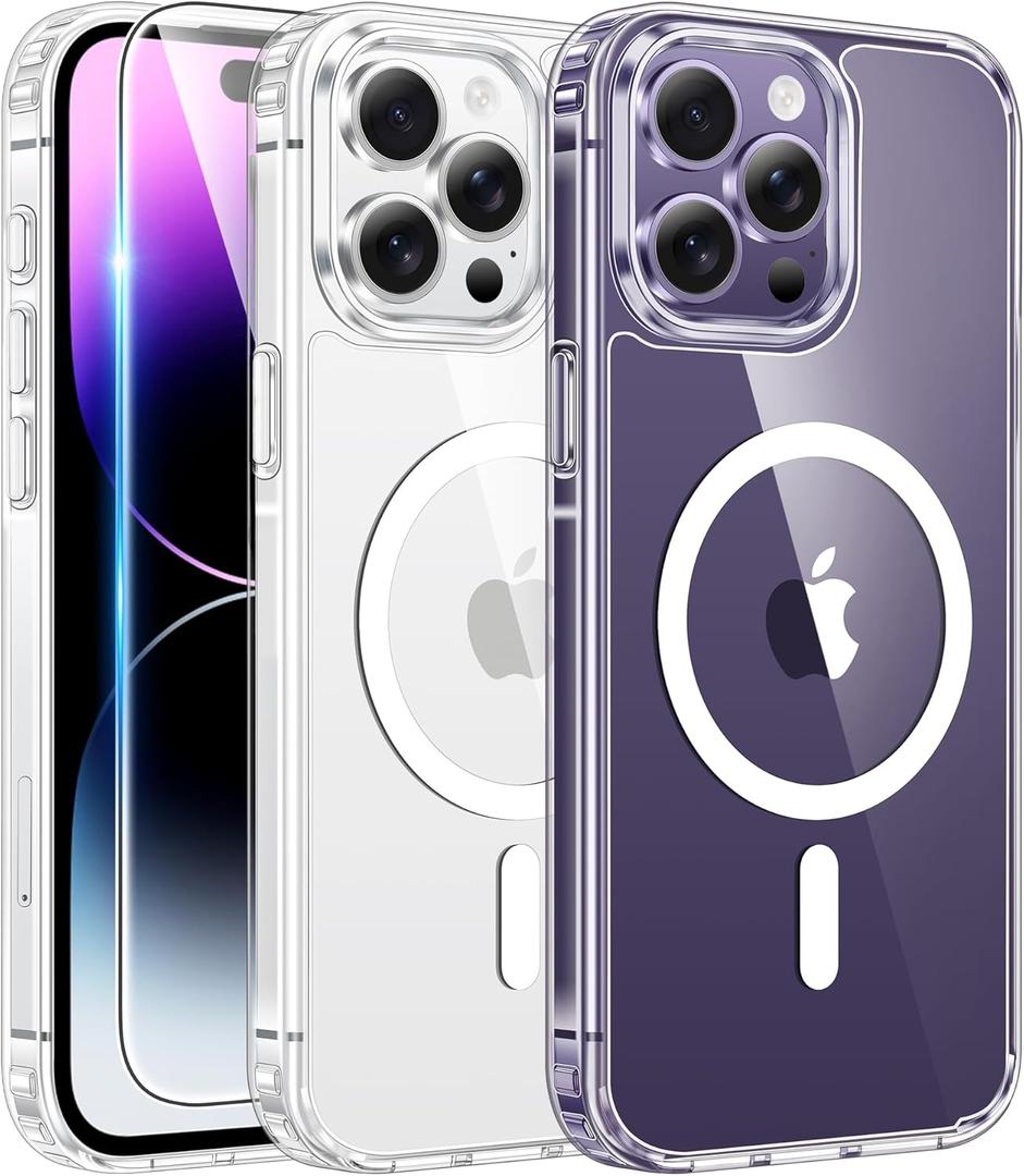 FNTCASE for iPhone 14 Pro-Max Case: Clear Magnetic Phone Cases with Screen Protector Compatible with Magsafe Slim Anti Yellowing Rugged Shockproof Protective Transparent Cell Cover (Clear)