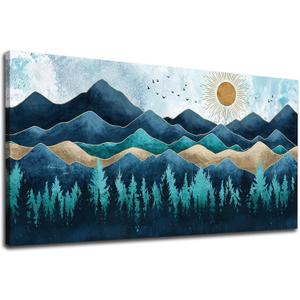 Blue Forest Canvas Wall Art Nature Landscape Pictures Abstract Pinewood Painting Prints Nordic Style Artwork Large Wall Decorations for Living Room Bedroom Home Office 29" x 58"