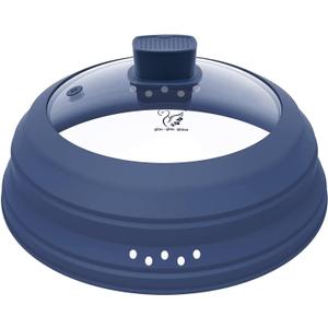 Tall Microwave Splatter Cover Glass Cover Guard Lid 6 inch Height with Collapsible Silicone for Food Pot Plate 12.5 inch Dark Blue