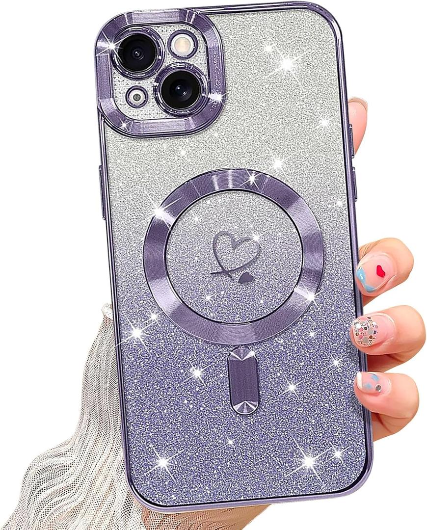 NITITOP Compatible with iPhone 15 Case Cute Clear Glitter [Compatible for MagSafe] Plating Heart Sparkle Bling Magnetic Girl Women Electroplated Frame Camera Protection Back Cover - Purple