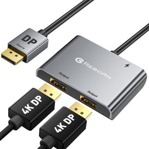 Reborn DisplayPort to Dual DisplayPort Splitter 4K@60Hz Display Port Splitter 1 in 2 Out for Dual Monitor Extended Display DP Source to 2 DP Adapter with PC, Graphics Card, Lenovo, HP and More
