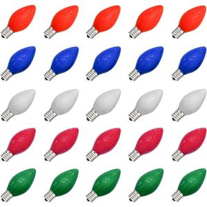 SUNSGNE 25 Pack C7 Multicolor Christmas Replacement Bulbs, Vintage Multicolor Ceramic Light Bulbs for C7 Christmas String Lights, E12/C7 Candelabra Base, 5 Watt
