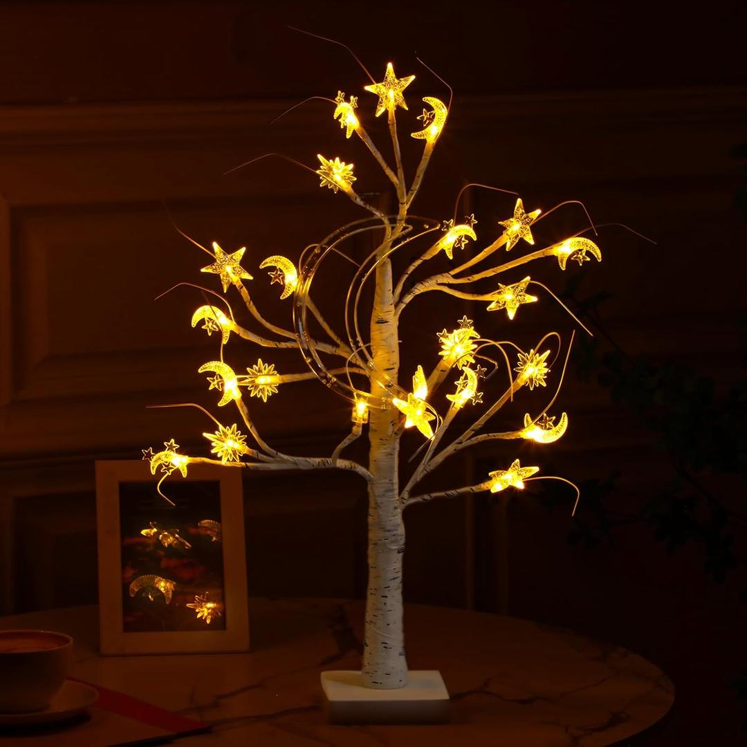 Moucuny Ramadan Lighted Star Moon Birch Tree with LED Lights USB Battery Powered Artificial Tree for Decoration Indoor for Eid Decorations Home Ramadan Parties, 2 Ft, 24 LED