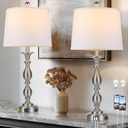 28" Tall Modern Table Lamps Set of 2 with USB A+C Ports and AC Outlet, 3 Way Touch Metal Bedside Lamps for Bedroom, Silver Farmhouse Nightstand Lamps for Living Room