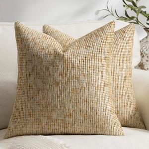 Pack of 2 Neutral Throw Pillow Covers 20x20 Boho Textured Dots Stripe Chenille Square Decorative Pillow Cases Accents for Living Room Couch Bed Farmhouse Home Decor, Sudan Brown