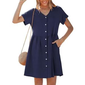 GRAPENT Linen Dresses for Women Casual Summer Babydoll Button Down Short Sleeve V Neck Above Knee Dress with Pockets, Size Large
