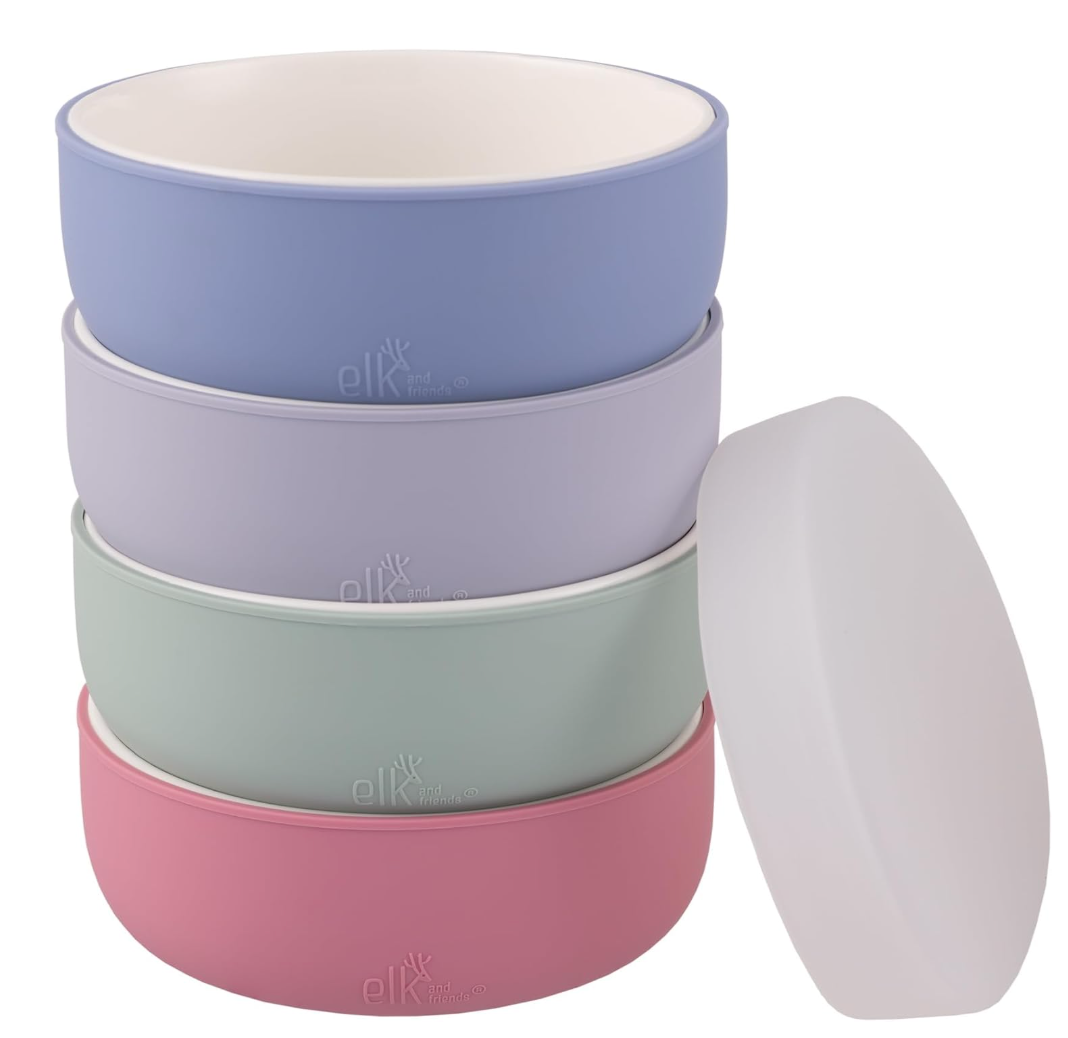 Elk and Friends Kids Porcelain Bowls with Silicone Suction Sleeves | Suitable for Babies/Toddlers | Microwave & Dishwasher Safe | Stay Put Dinnerware | Snack Dishes | 4 Pack