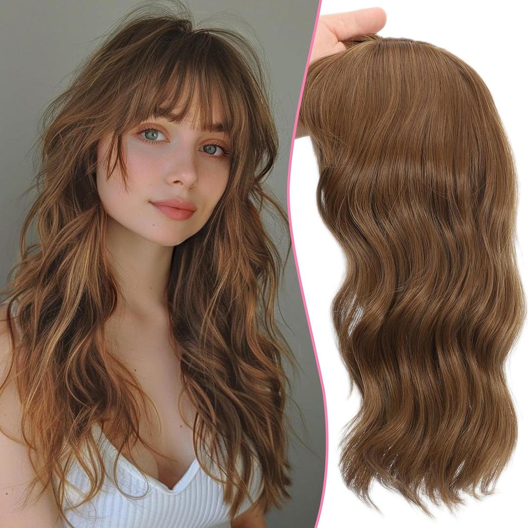 TYQ Hair Toppers for Women with Thinning Hair 18 Inch 360° 3D Synthetic Toppers Hair Pieces Curly Wavy Wispy Clip in Bangs(Coffee Brown)