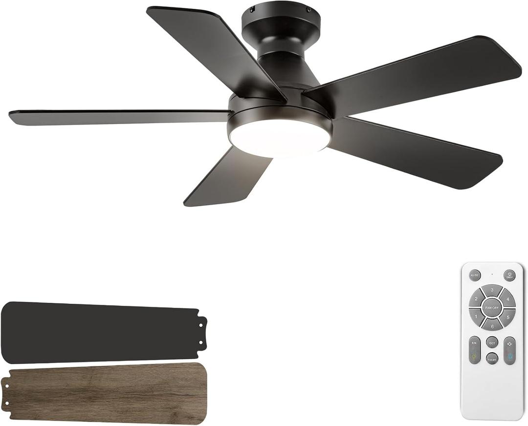 QUTWOB Ceiling Fans with Lights, 42 Inch Low Profile Ceiling Fan with Light and Remote Control, Flush Mount, Reversible, 3CCT, Dimmable, Quiet, Black Small Ceiling Fan for Bedroom Indoor/Outdoor Use