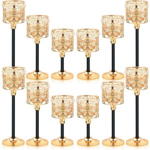 Kehail Set of 12 FloralCarved Crystal & Metal Tealight Candelabras Bulk Elegant Gold & Black Wedding Centerpiece, Dining Table Decor, Votive Candle Holders