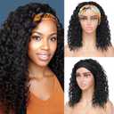 Aksice 14 Inch Headband Wigs for Black Women, Curly Synthetic Water Wave Headband Wigs, Glueless Wet and Wavy Wigs with Attached Headbands for Daily Use (14 Inch 1B)