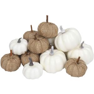 Fabric and White Pumpkins Assorted Size - 16PCS Burlap for Rustic Fall Decor, Perfect Halloween Thanksgiving Decoration Wedding