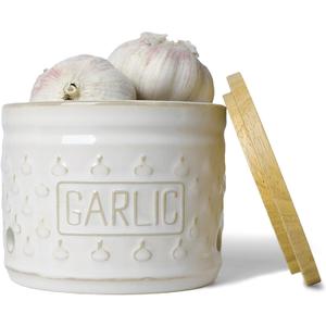 Ceramic Garlic Keeper with Wooden Lid, Farmhouse Garlic Holder Storage for Kitchen, Garlic Saver to Keep Your Garlic Cloves Fresh Longer, 4.3-Inch (Vintage Whtie)