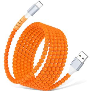 USB A to USB C Cable 6FT,Beaded Phone Charger Cord for iPhone 17 16 Pro Max 16e 15 Car Play,Type C Cute Car Charger Charging Cord for iPad 10 11/Samsung S26 S25 Ultra/Pixel/Android Girls Women,Orange
