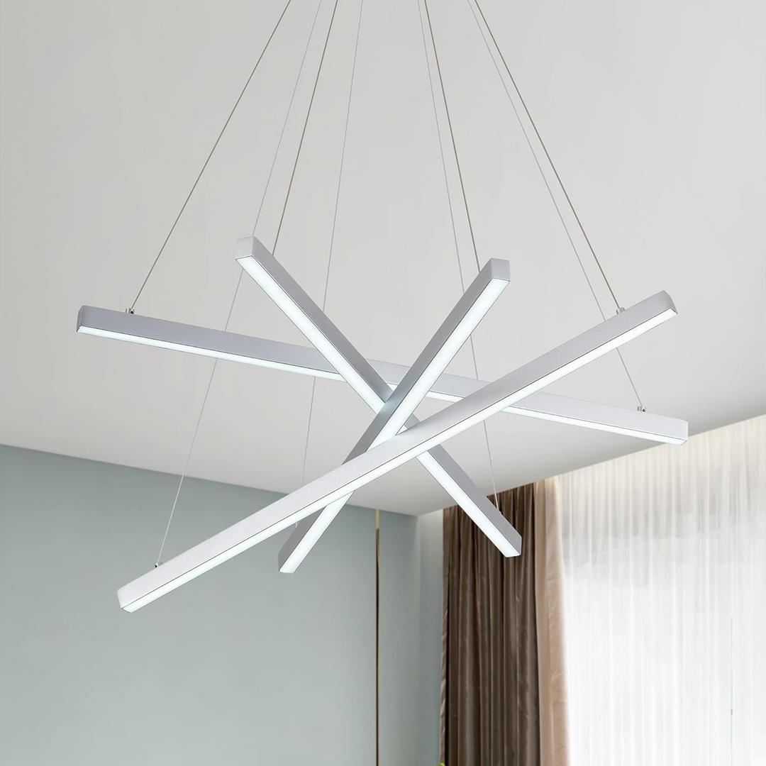 Modern 4-Light Dimmable LED Linear Chandelier Pendant Light,Silver | 6000K Cool White, Adjustable Hanging,For Kitchen Island, Dining Room, Office, Metal Commercial Home Lighting