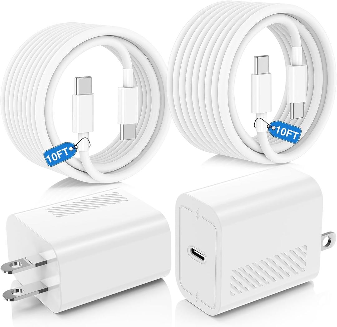 40W USB C Fast Charger for iPhone 17/ Air/16/15 Pro Max,2Pack 10FT Type C Charger Block & Cable, PD 3.0 Super Fast Charging for iPad Pro MacBook Air/Pro M1/M2, AirPods (White)