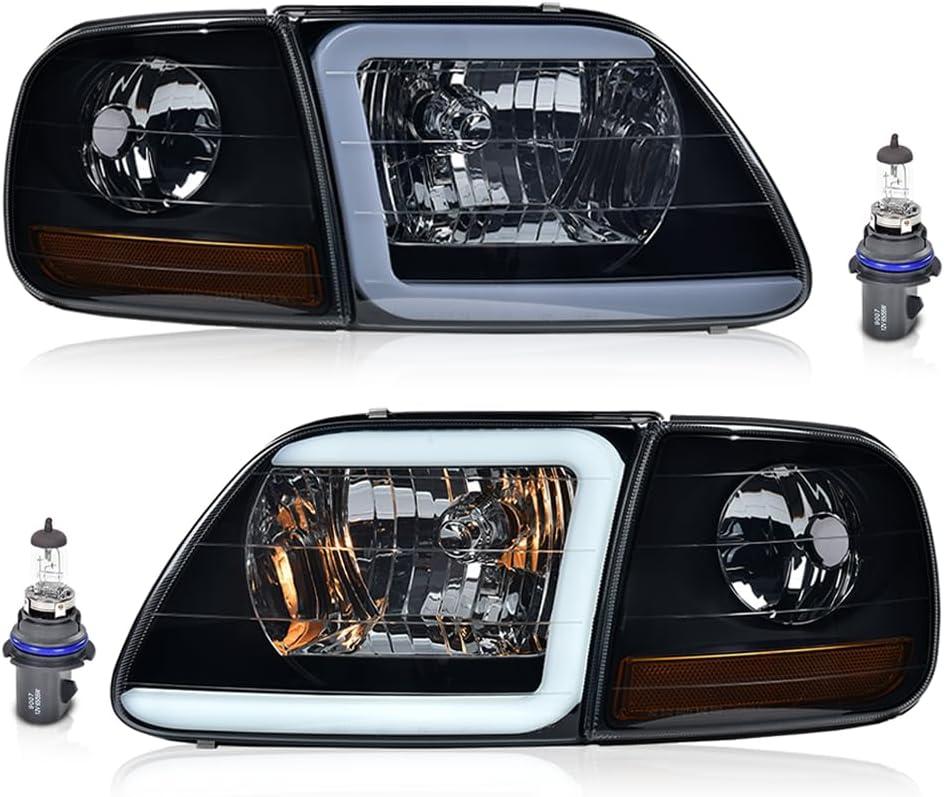 PIT66 LED DRL Headlights & Corner Parking Lights Compatible with 1998-2003 Ford F150 /2004 F150 Heritage/Fit 1998-1999 F250 /Fit 1997-2002 Expedition Smoky Lens Black Housing
