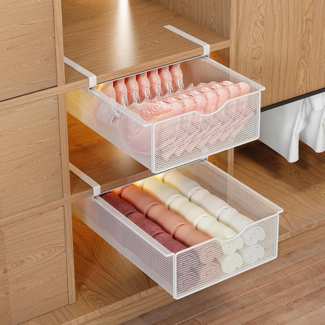 2 Pack Closet Pull-Out Baskets Bra Underwear and Sock Organizer for Drawer Women College Dorm Room Essentials (White)