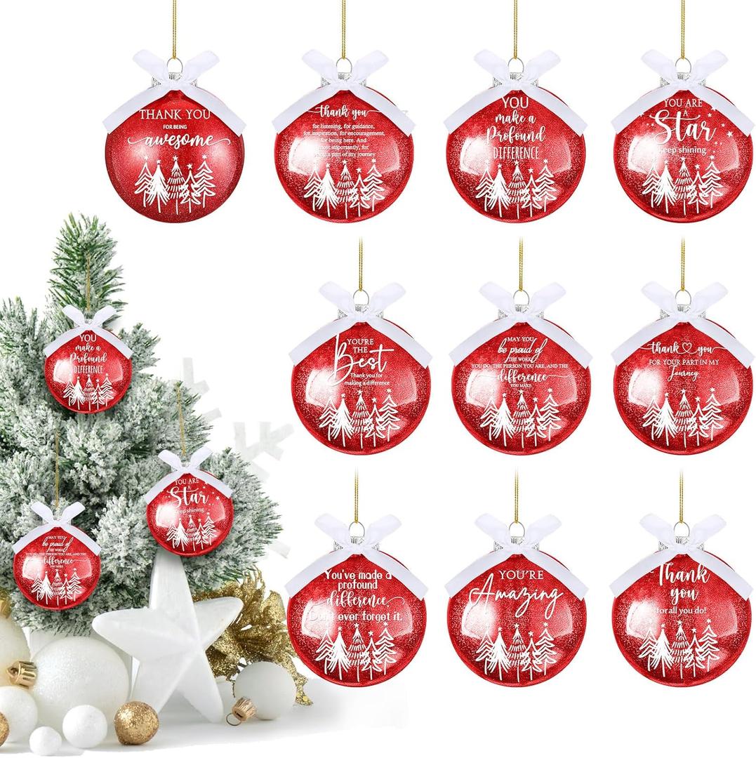 Yuxung 10 Pcs Christmas Appreciation Gifts for Coworker Employee Thank You Christmas Ornaments Bulk 3.15'' Hanging Glitter Ball with Ribbon Holiday Decorations for Staff Team Nurse Teacher (Red)