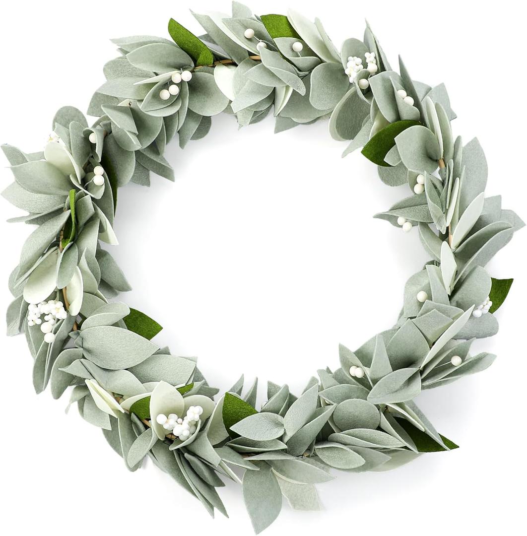Peryiter 20 Inch Felt Eucalyptus Wreath with White Berries Felt Greenery Wreath Spring Summer Decor for Front Door Farmhouse Outside Year Round Wedding Easter Mother's Day Home Decor