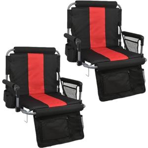 Portable Stadium Seats with Back Support and Armrest, Folding Bleacher Chairs with Back and Thicked Cushion, Wide Padded Sports Chair with Cup Holder, Football, Tennis (2, red, Standard)