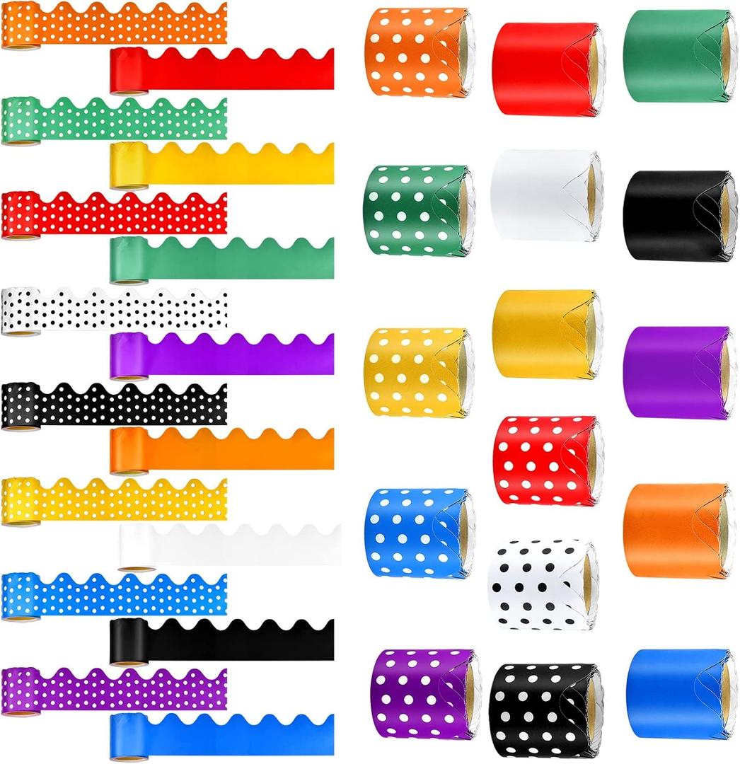 16 Rolls Scalloped Bulletin Board Borders Multicolor Rolled Borders Trim Polka Dot Bulletin Border for Bulletin Boards, Desks, Locker, Homeschool or Classroom Dcor, 16 Colors
