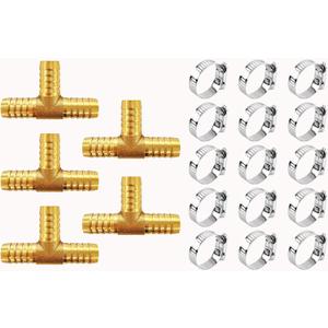 YOUHO 5PCS 5/8 Brass Hose Barb Tee, 3-Way Tee Hose Fitting (5/8" x 5/8" x 5/8" tee Hose Connector)(15pcs Included Hose clamp)