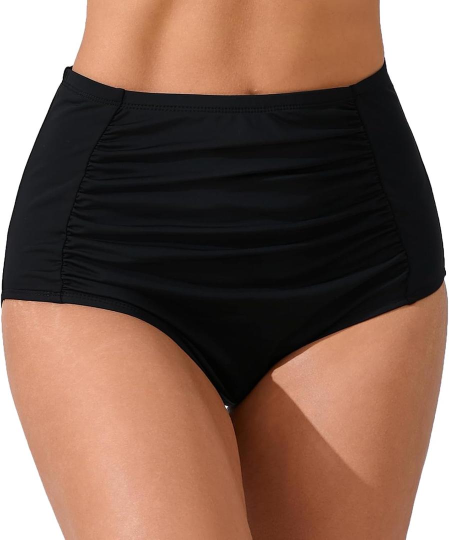 JOYBIK Womens High Waisted Full Ruched Bikini Swim Bottoms Tummy Control Full Coverage Swimsuit Bottoms (Black, M)