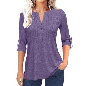 Grlasen Women's Fashion Long Sleeve T-Shirt Pleated Button V-Neck Solid Color Casual Tunic Top Purple, XXL