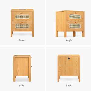 DWVO Natural Rattan Nightstand with Charging Station, Boho Rattan Side Table End Table with 2 Drawers and USB Port & Outlet, Wood Oak Night Stand for Bedroom Livingroom, 18.9" W, 1 Piece