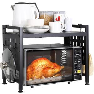Expandable Microwave Stand Countertop, Heavy Duty Over Microwave Shelf Countertop, 2 Tier Metal Microwave Oven Rack Shelf for Kitchen Tabletop with 4 Hooks,Holds 160lb,Height Adjustable,Black