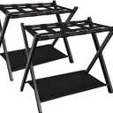 Queension Folding Luggage Rack Stand with Shelf for Guest Room, Foldable Metal Suitcase Storage Caddy Holder for Bedroom Hotel Essentials, Black, 2pack